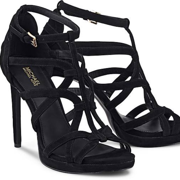 Michael Kors Sandra Silhouette Platforms Black Suede Leather Sandals Heel Pump - Picture 7 of 8